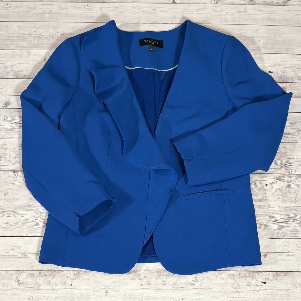 Talbots Petites Royal Blue Ruffle Front Blazer Jacket Size 8P